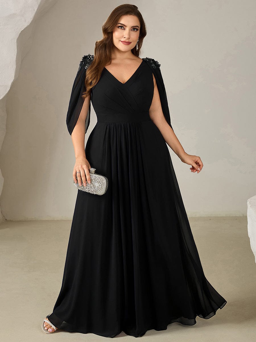 Floral Chiffon Tulip Sleeve Evening Dress #color_Black