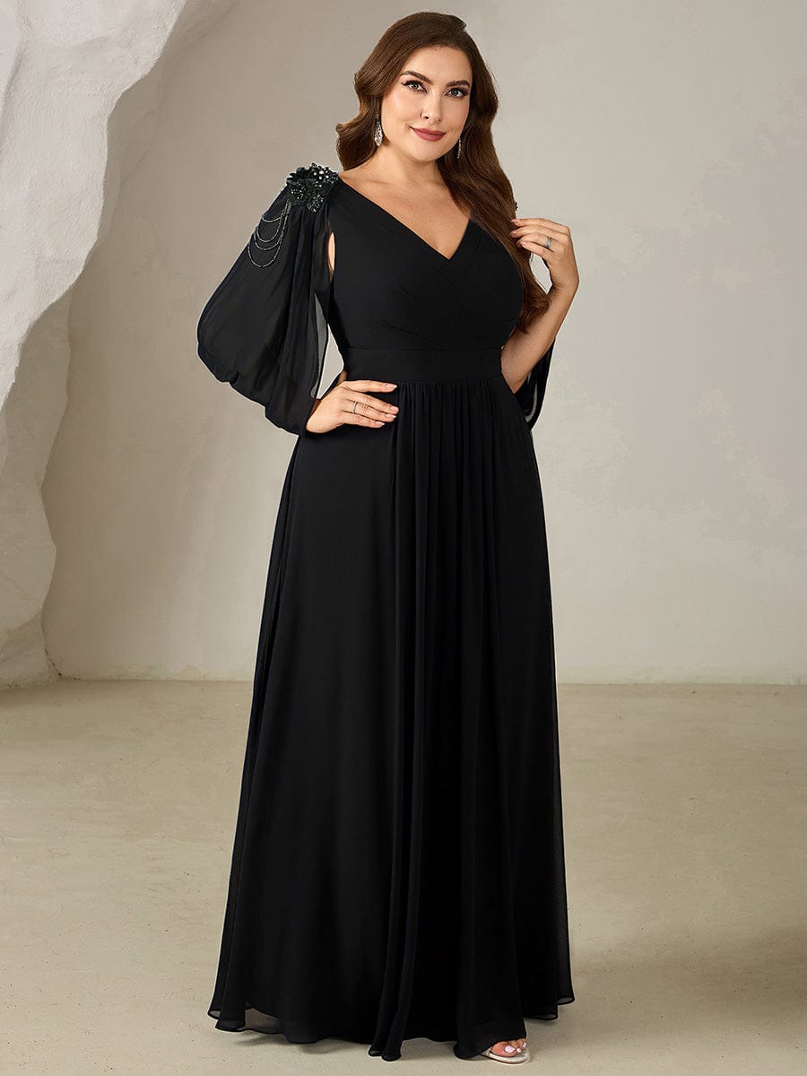 Floral Chiffon Tulip Sleeve Evening Dress #color_Black