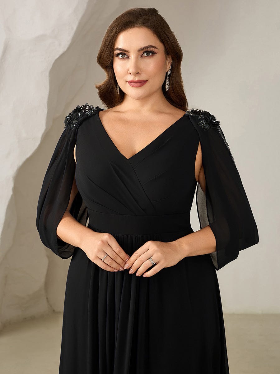 Floral Chiffon Tulip Sleeve Evening Dress #color_Black