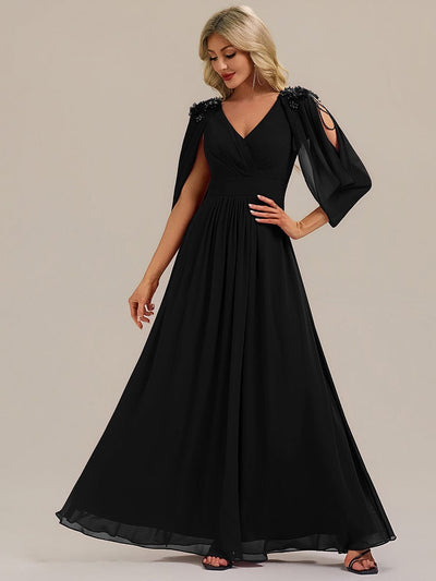 Floral Chiffon Tulip Sleeve Evening Dress #color_Black