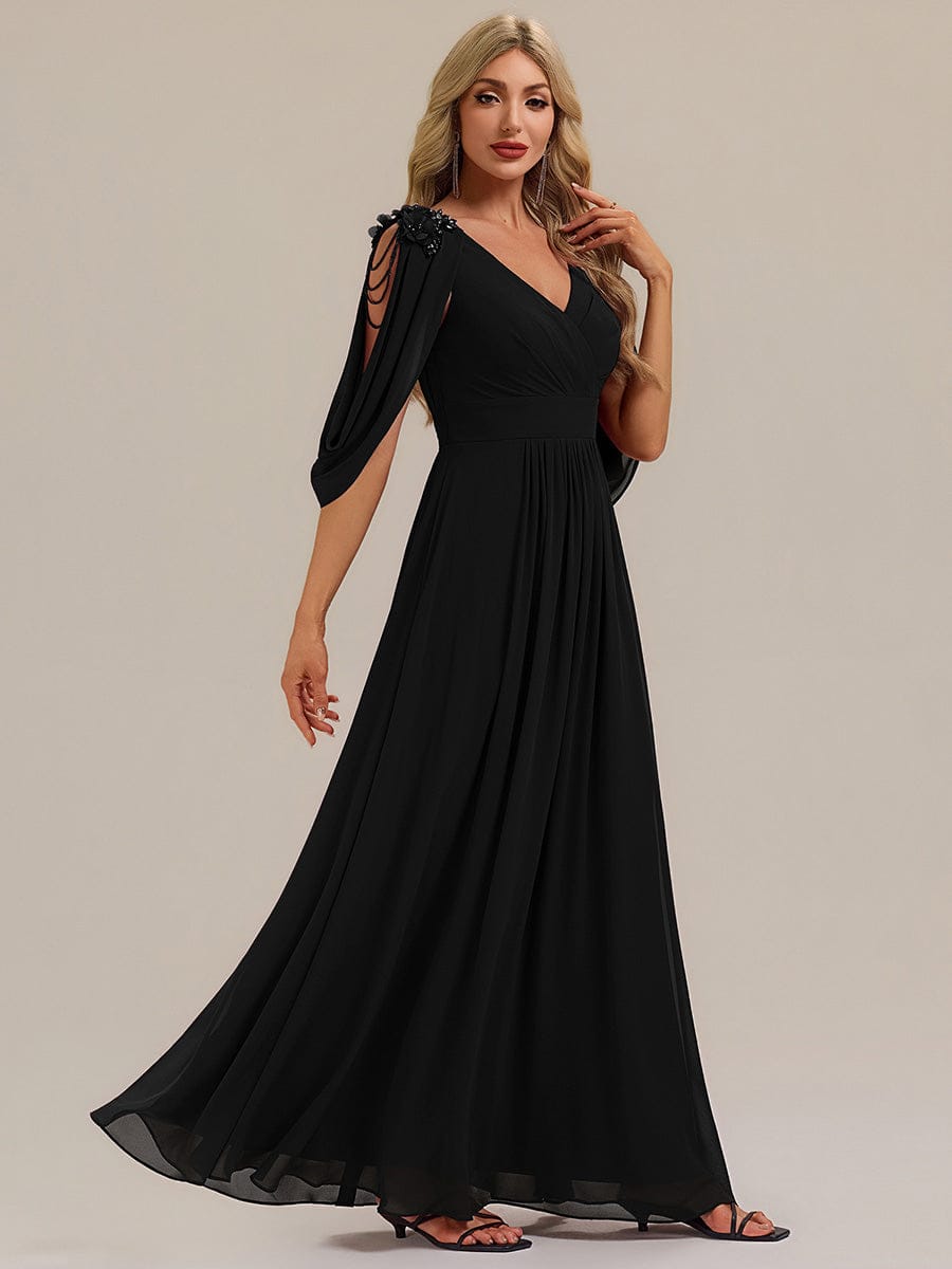 Floral Chiffon Tulip Sleeve Evening Dress #color_Black