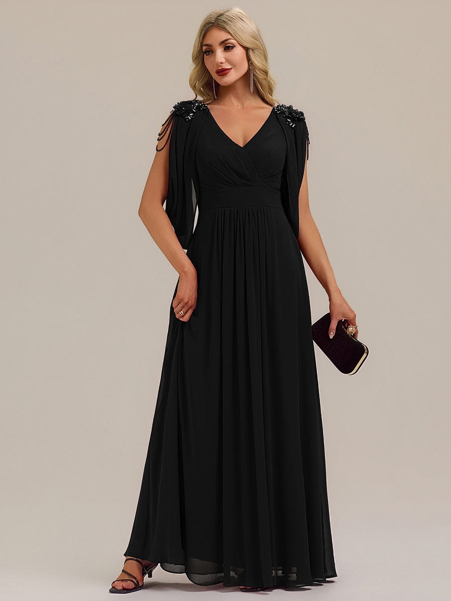 Floral Chiffon Tulip Sleeve Evening Dress #color_Black