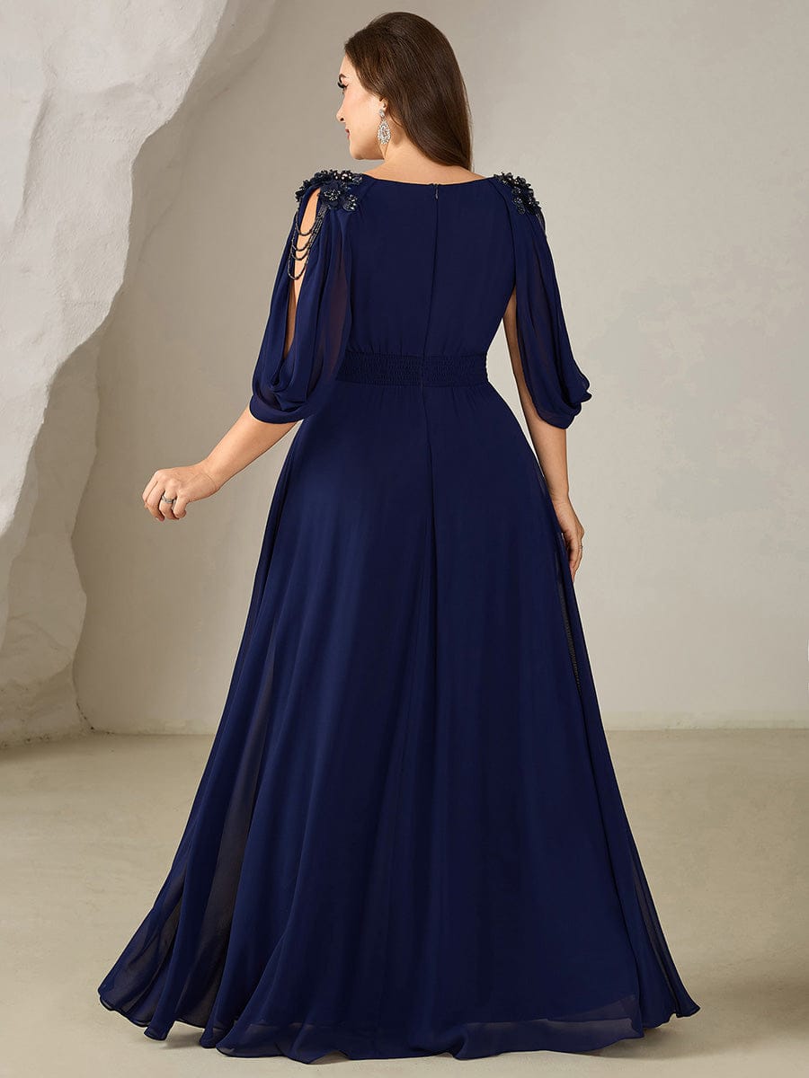 Floral Chiffon Tulip Sleeve Evening Dress #color_Navy Blue