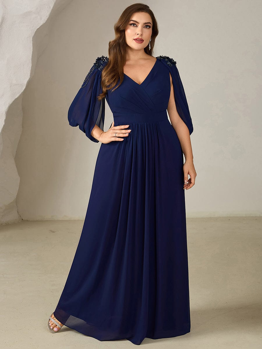 Floral Chiffon Tulip Sleeve Evening Dress #color_Navy Blue
