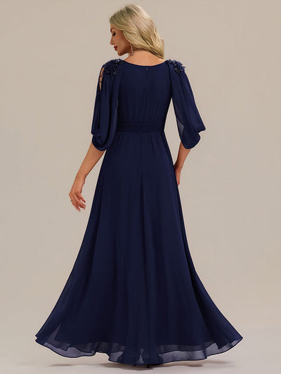 Floral Chiffon Tulip Sleeve Evening Dress #color_Navy Blue
