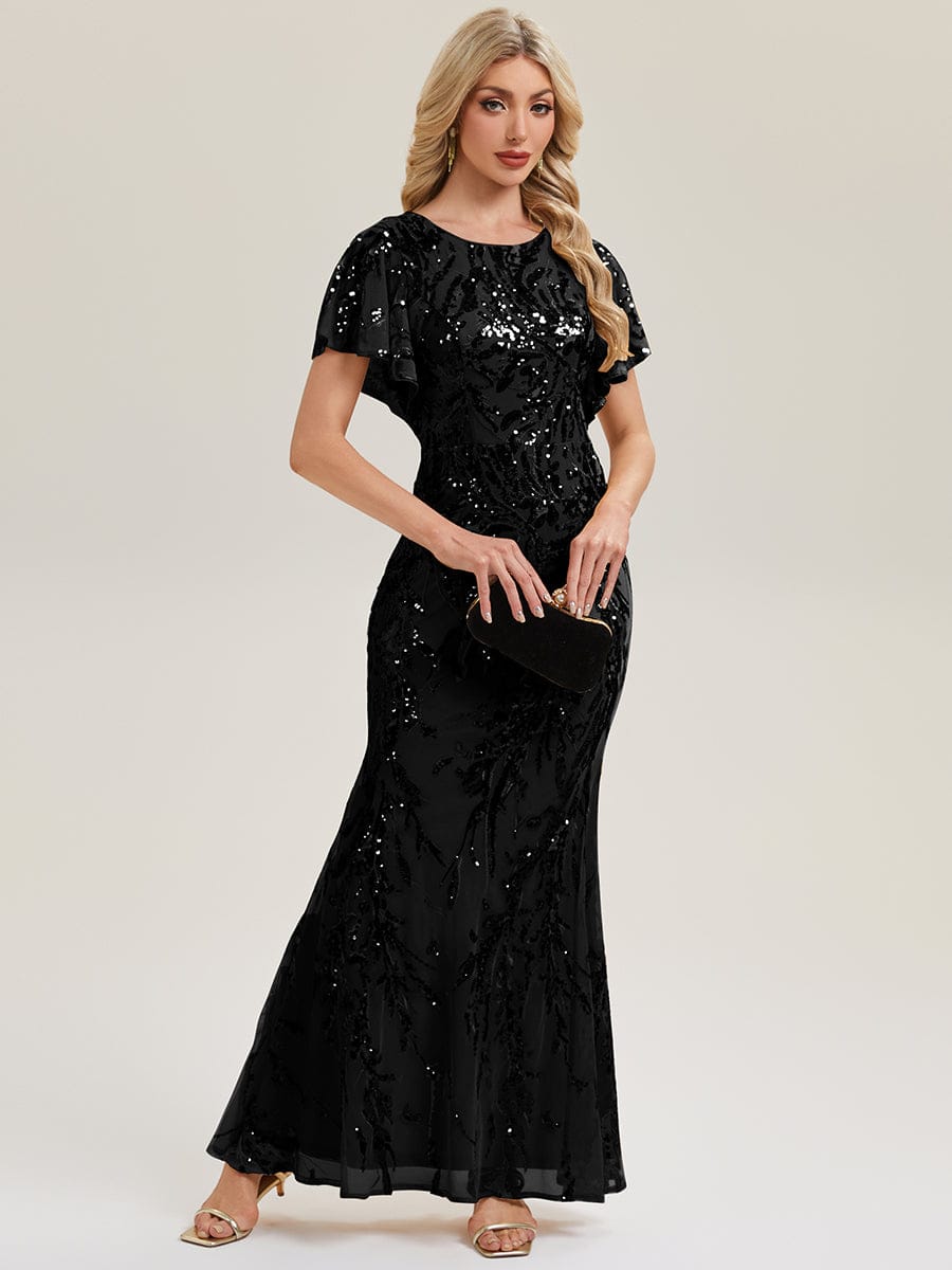 Thigh-High Slit Sequin Batwing Sleeve Evening Dress #color_Black