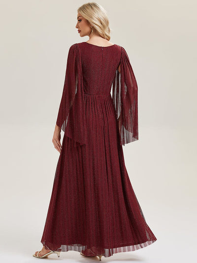 Deep V-Neck Mesh Batwing Sleeve Evening Dress #color_Burgundy