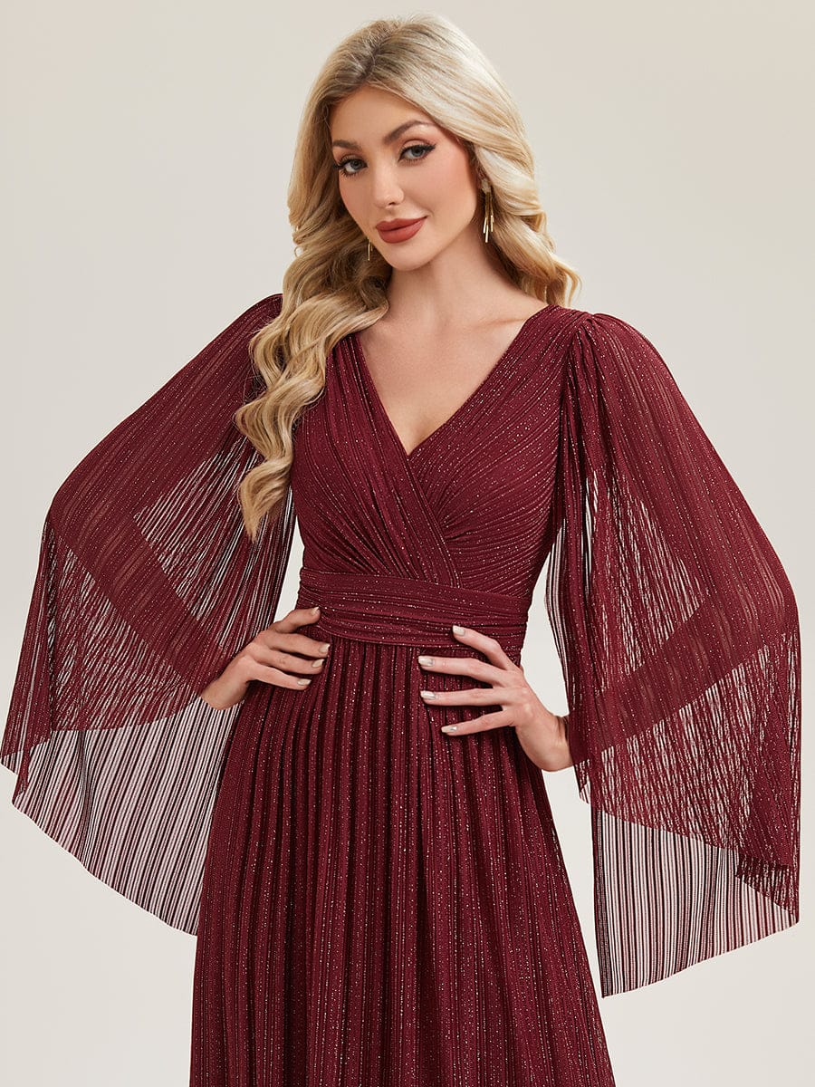 Deep V-Neck Mesh Batwing Sleeve Evening Dress #color_Burgundy
