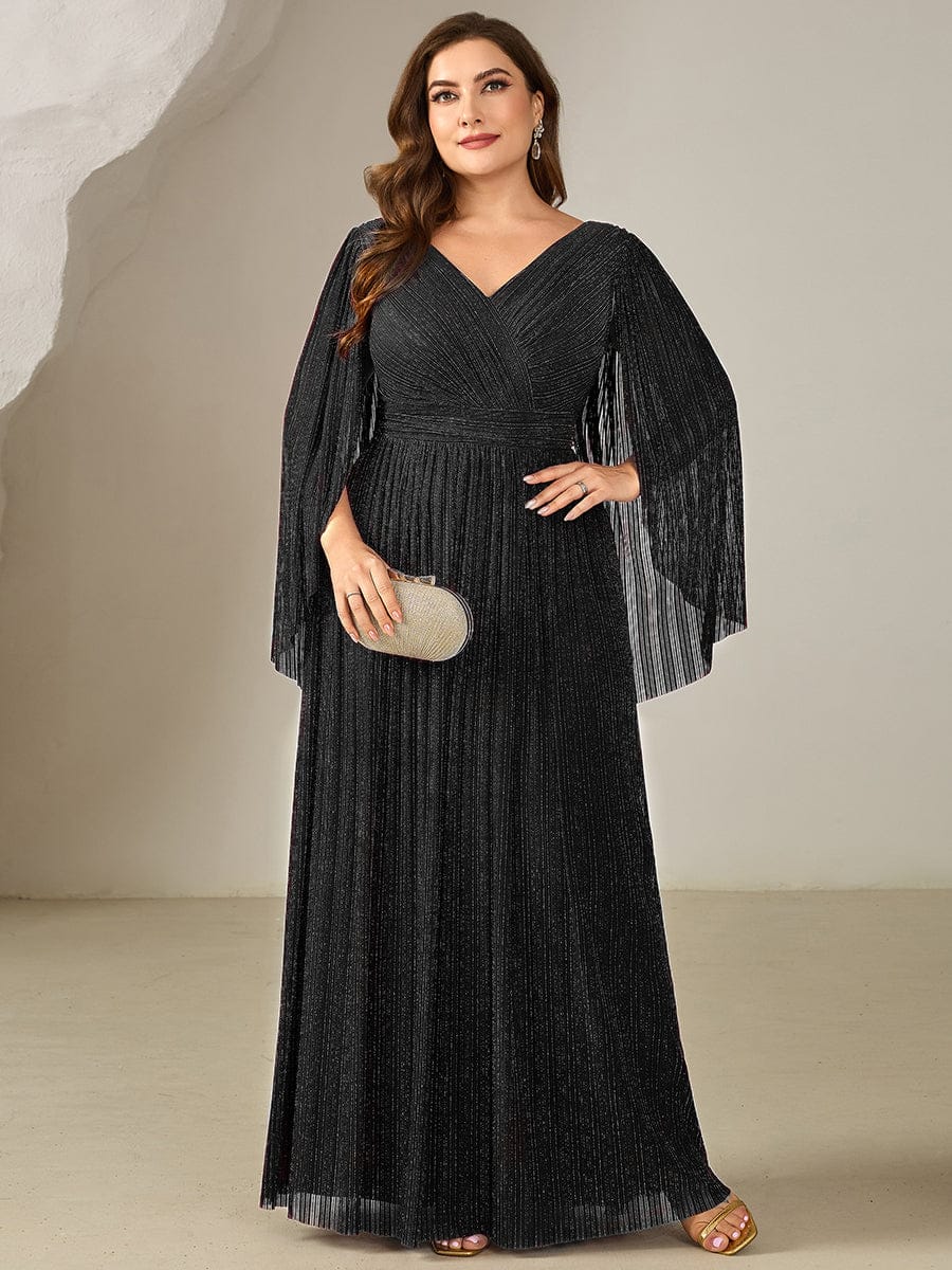 Deep V-Neck Mesh Batwing Sleeve Evening Dress #color_Black