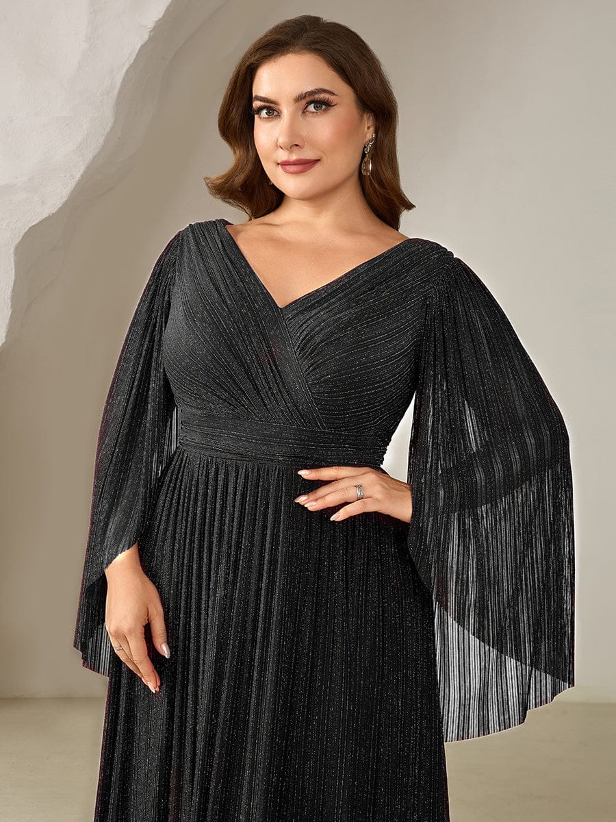 Deep V-Neck Mesh Batwing Sleeve Evening Dress #color_Black