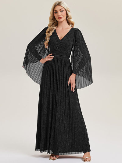 Deep V-Neck Mesh Batwing Sleeve Evening Dress #color_Black