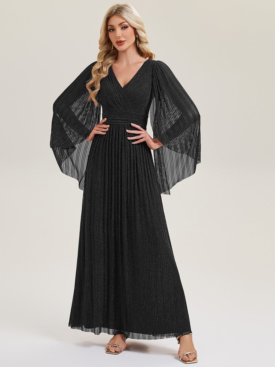 Deep V-Neck Mesh Batwing Sleeve Evening Dress #color_Black