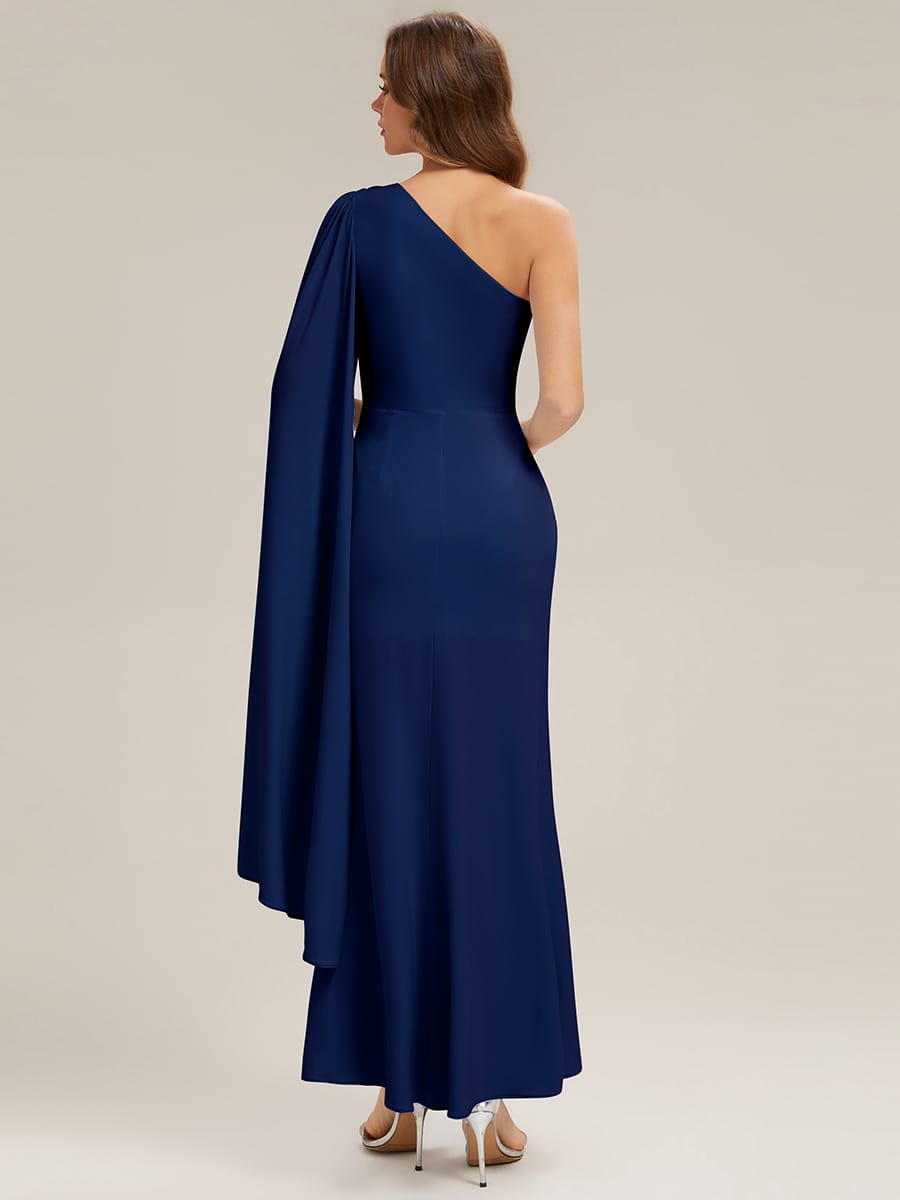 Flowing Ribbons Knit Cape Sleeve Dress #color_Navy Blue