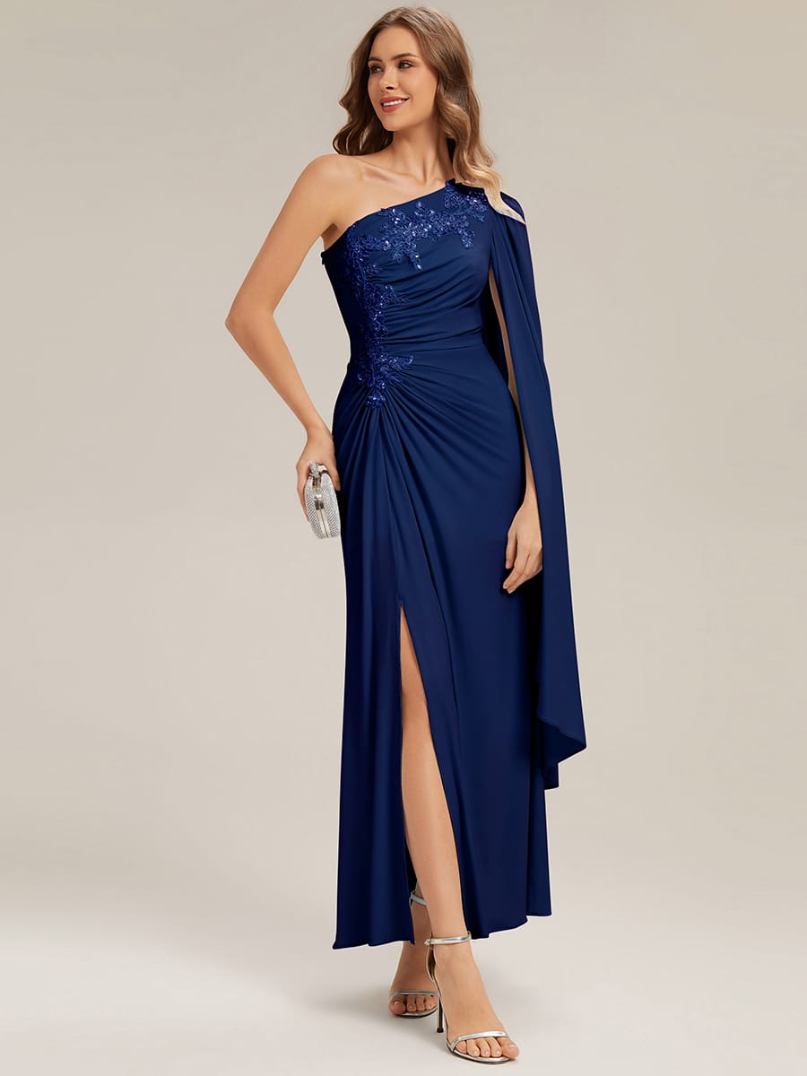 Flowing Ribbons Knit Cape Sleeve Dress #color_Navy Blue