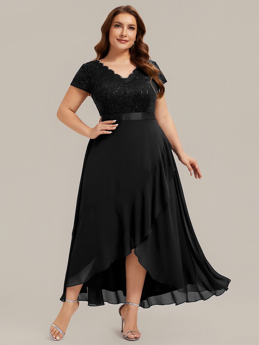 Deep V-Neck Chiffon Cap Sleeve Dress #color_Black