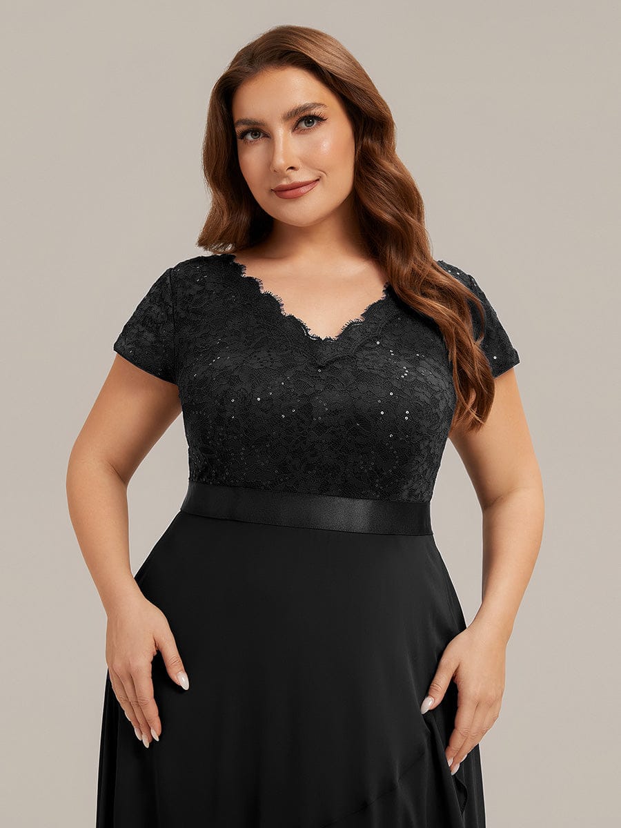 Deep V-Neck Chiffon Cap Sleeve Dress #color_Black