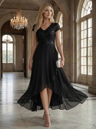 Deep V-Neck Chiffon Cap Sleeve Dress #color_Black