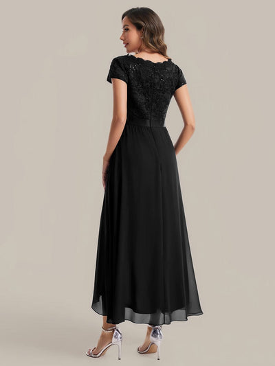 Deep V-Neck Chiffon Cap Sleeve Dress #color_Black