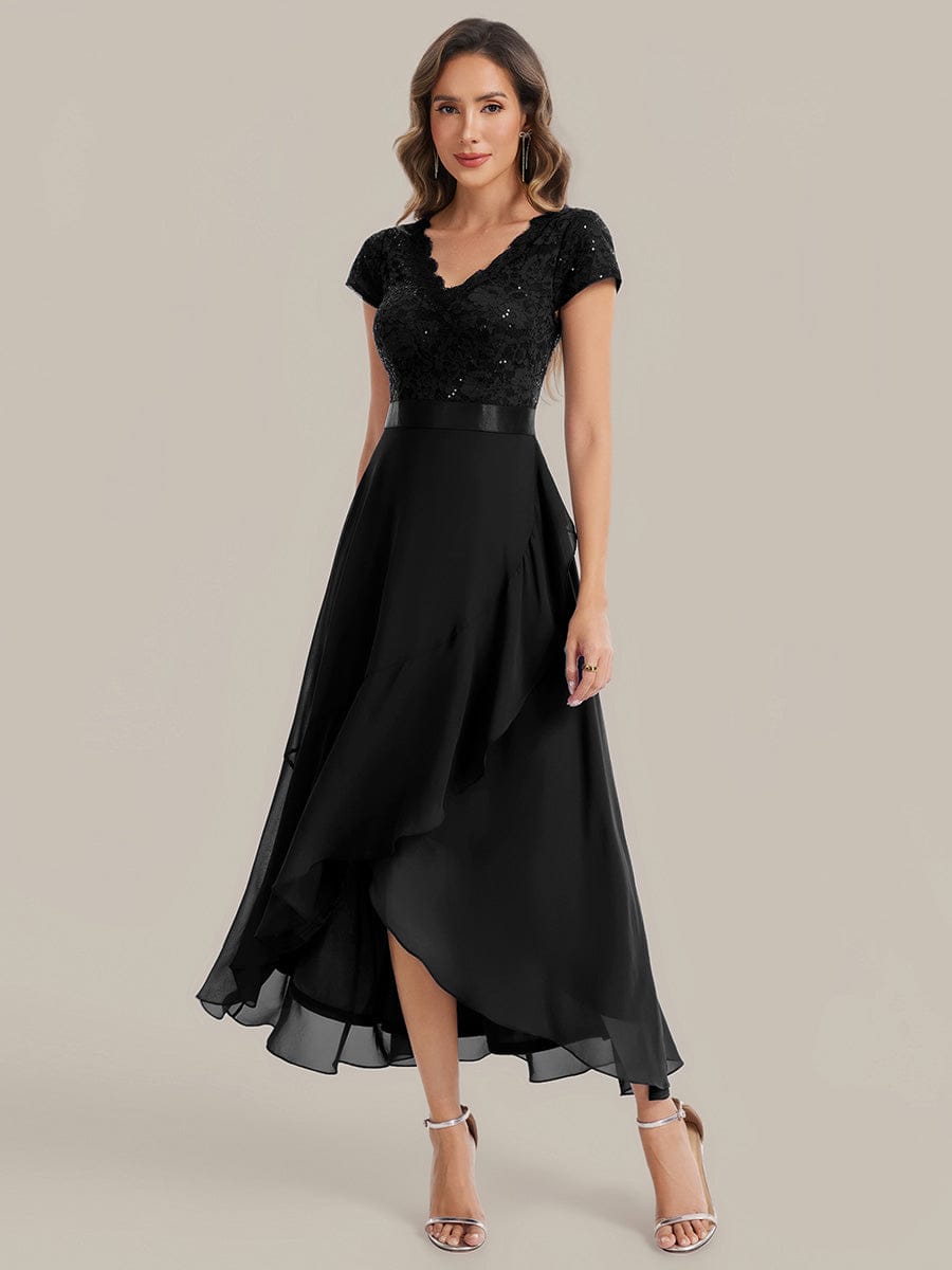 Deep V-Neck Chiffon Cap Sleeve Dress #color_Black