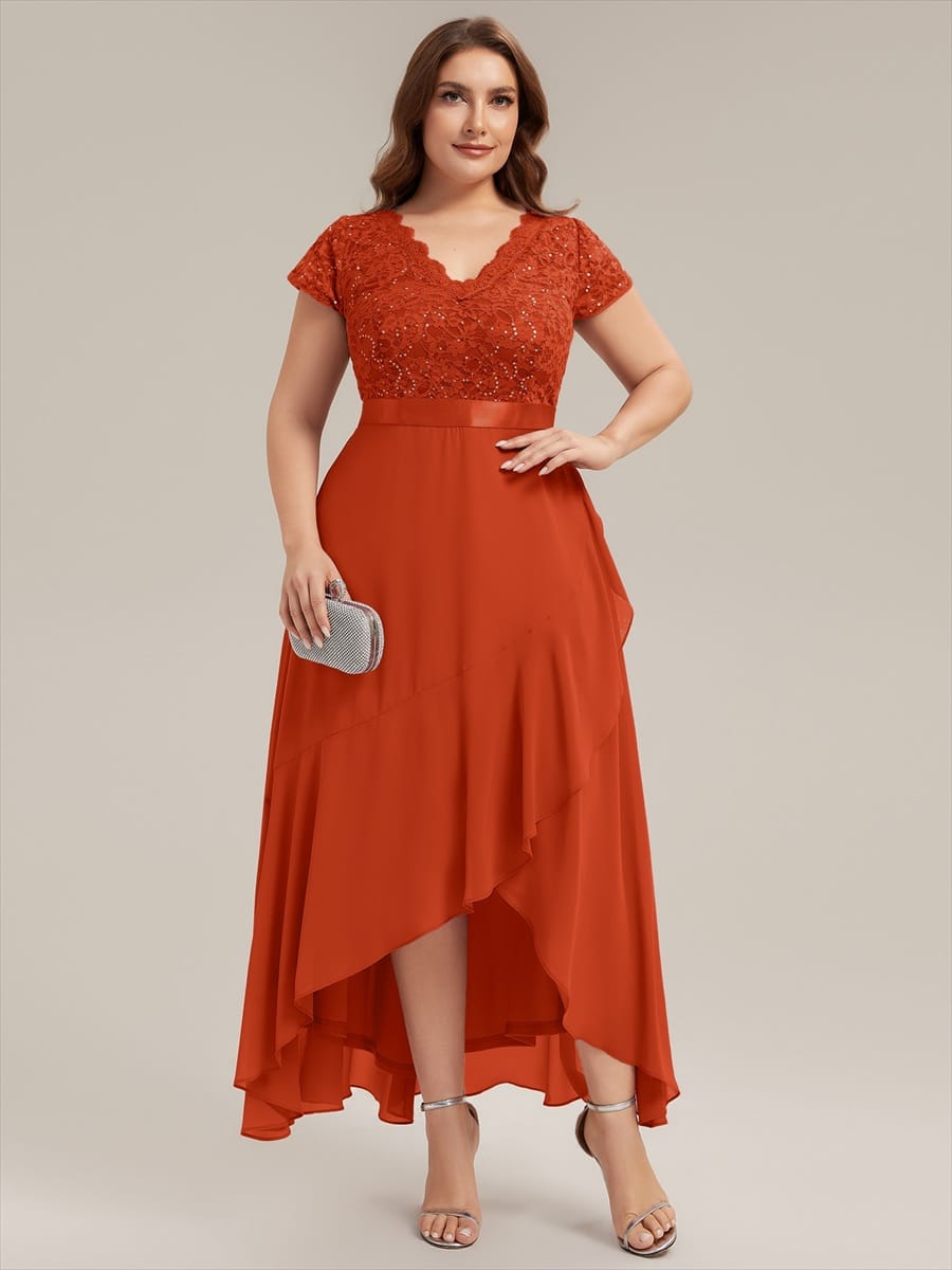 Deep V-Neck Chiffon Cap Sleeve Dress #color_Burnt Orange