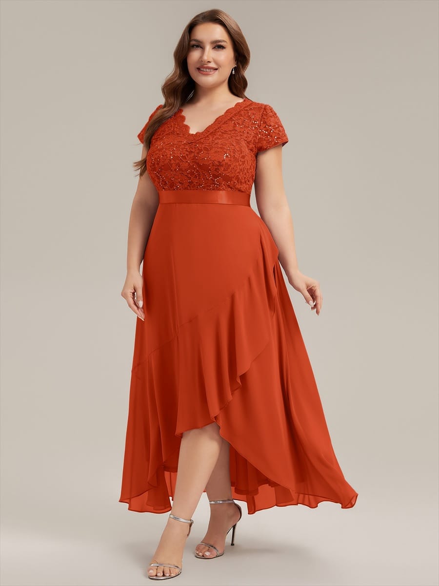 Deep V-Neck Chiffon Cap Sleeve Dress #color_Burnt Orange