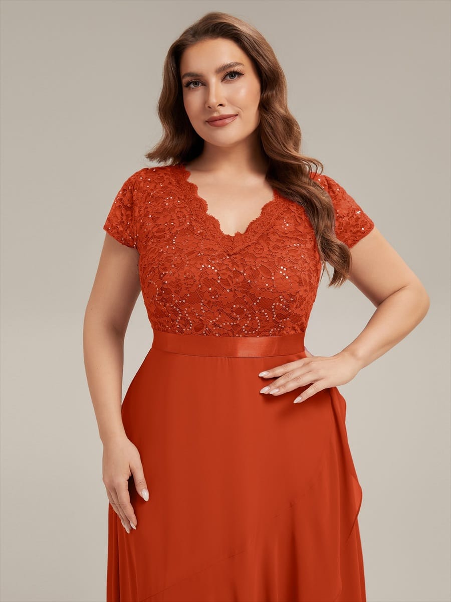 Deep V-Neck Chiffon Cap Sleeve Dress #color_Burnt Orange