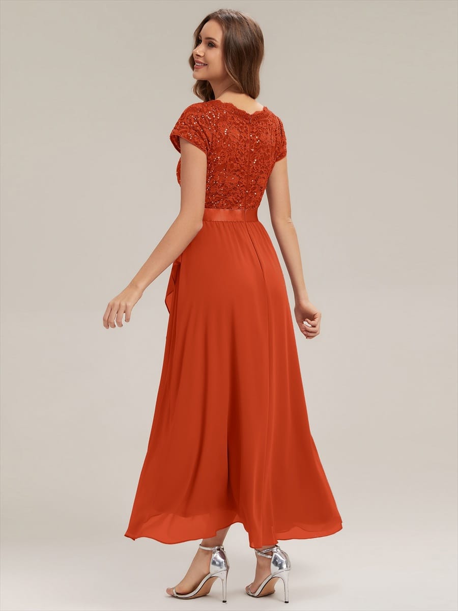 Deep V-Neck Chiffon Cap Sleeve Dress #color_Burnt Orange