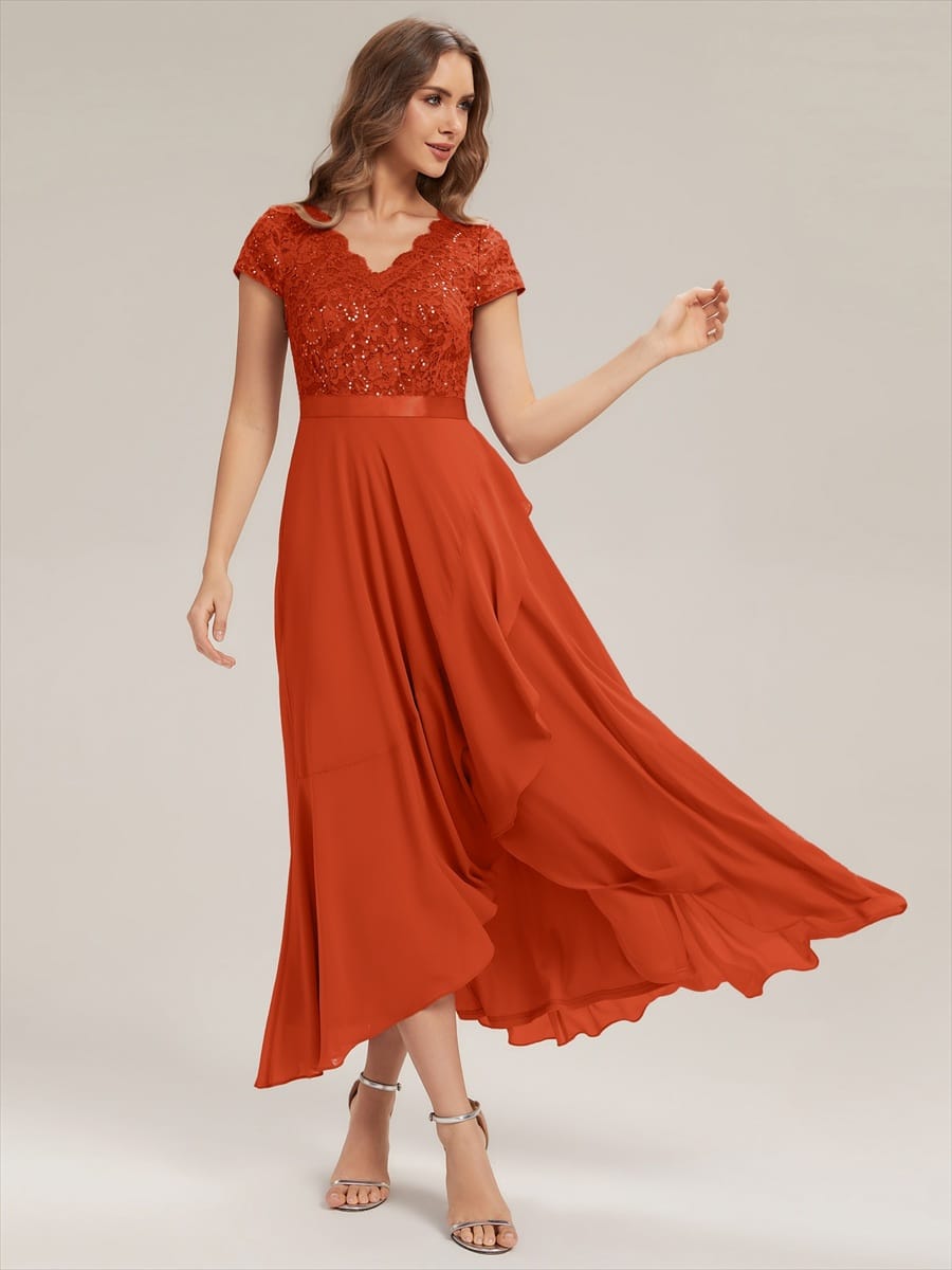 Deep V-Neck Chiffon Cap Sleeve Dress #color_Burnt Orange
