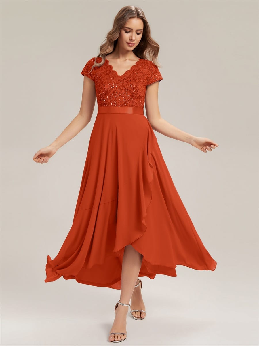 Deep V-Neck Chiffon Cap Sleeve Dress #color_Burnt Orange