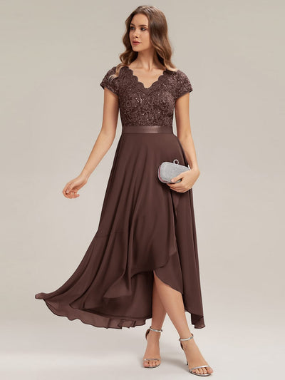 Deep V-Neck Chiffon Cap Sleeve Dress