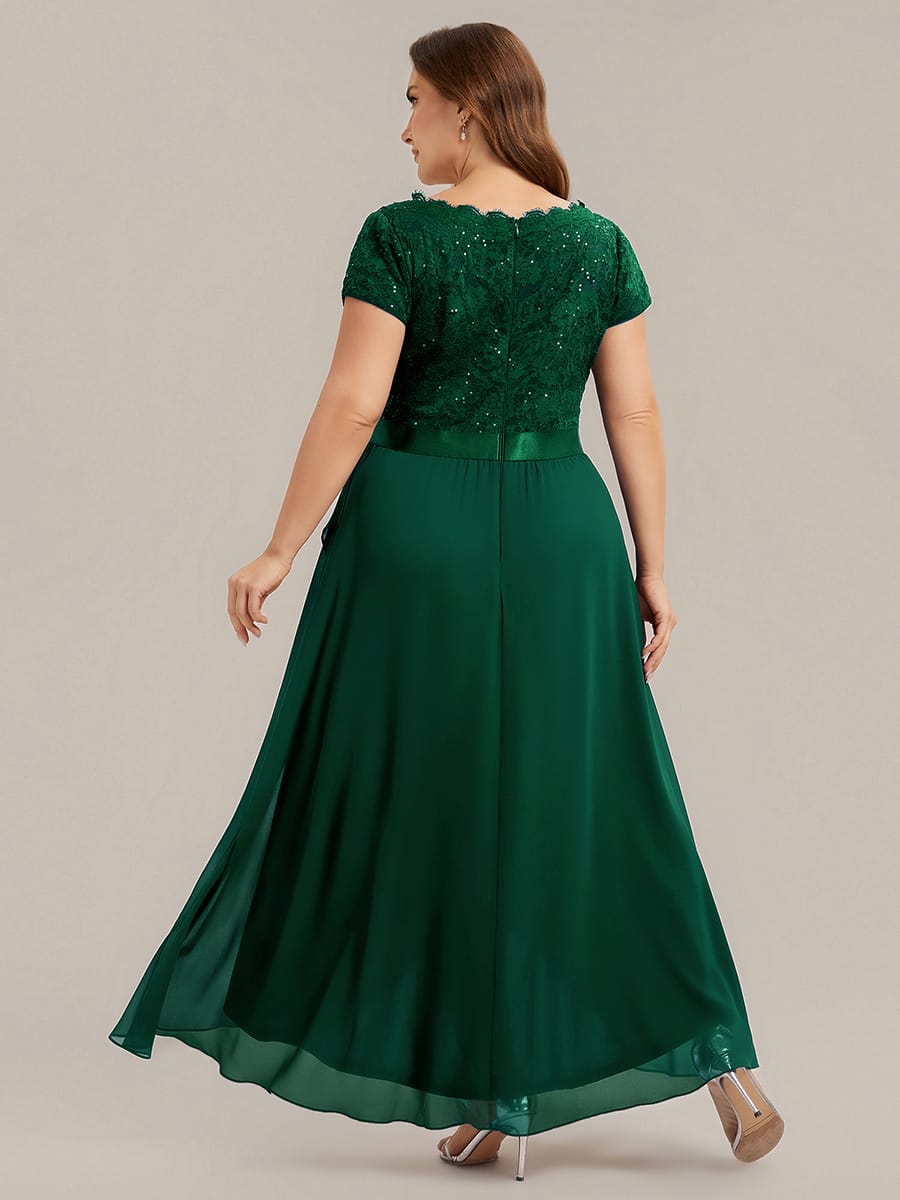 Deep V-Neck Chiffon Cap Sleeve Dress #color_Dark Green