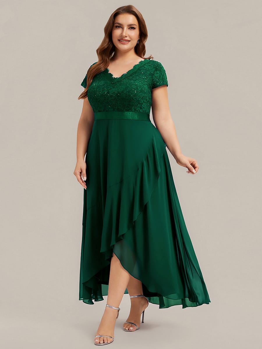 Deep V-Neck Chiffon Cap Sleeve Dress #color_Dark Green