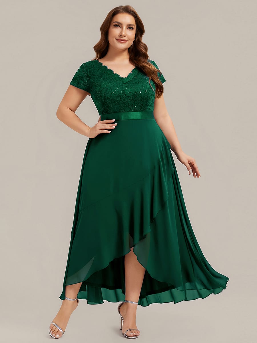 Deep V-Neck Chiffon Cap Sleeve Dress #color_Dark Green