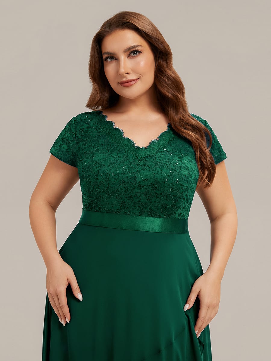 Deep V-Neck Chiffon Cap Sleeve Dress #color_Dark Green