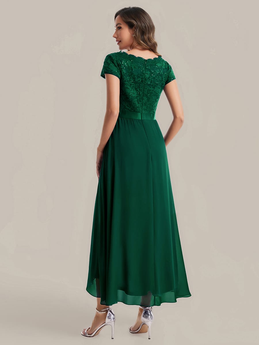 Deep V-Neck Chiffon Cap Sleeve Dress #color_Dark Green