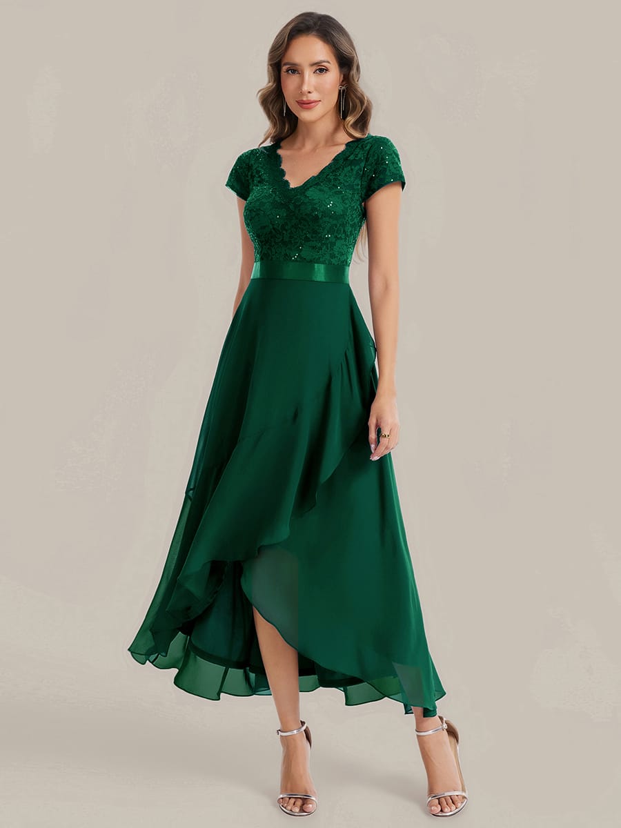 Deep V-Neck Chiffon Cap Sleeve Dress #color_Dark Green