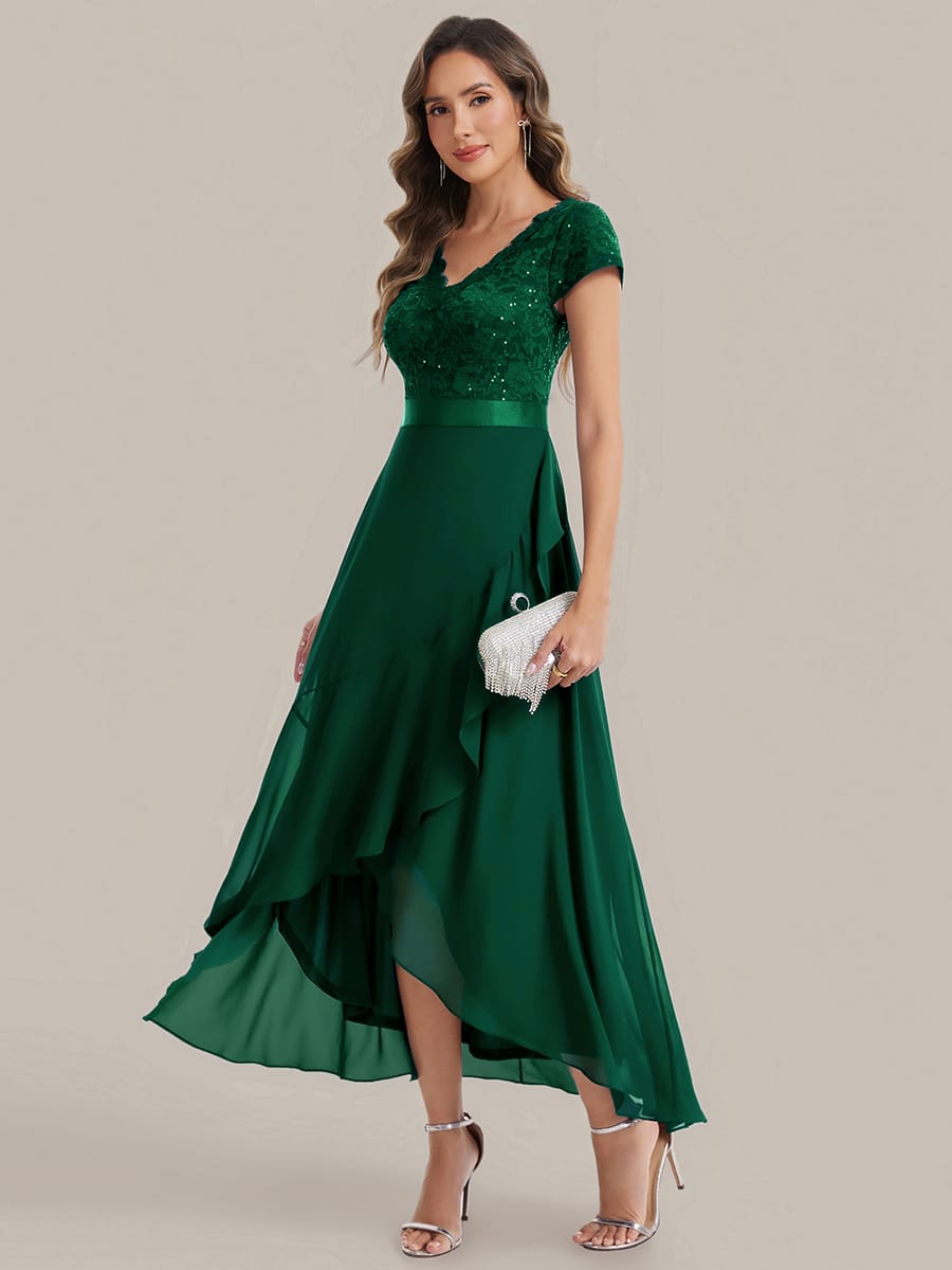 Deep V-Neck Chiffon Cap Sleeve Dress #color_Dark Green