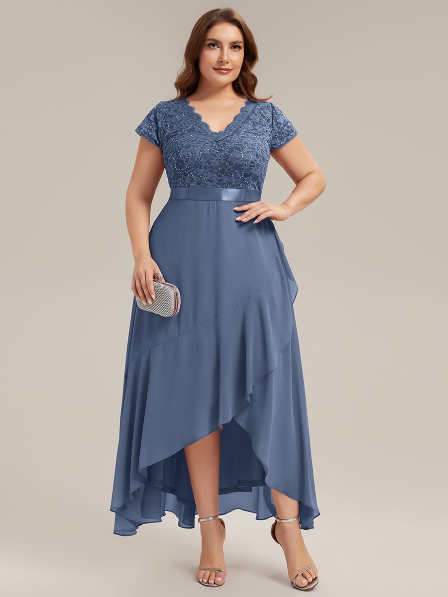 Deep V-Neck Chiffon Cap Sleeve Dress #color_Dusty Blue