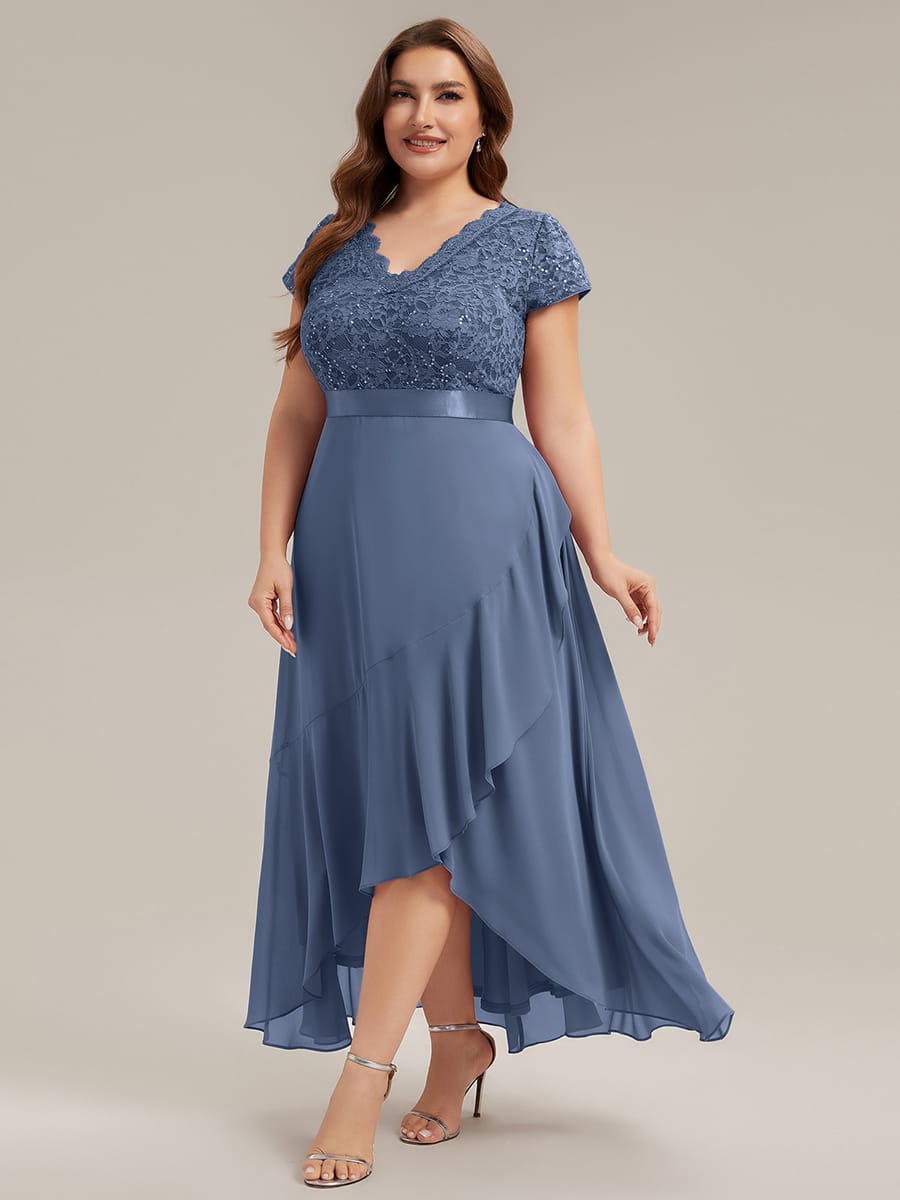 Deep V-Neck Chiffon Cap Sleeve Dress #color_Dusty Blue