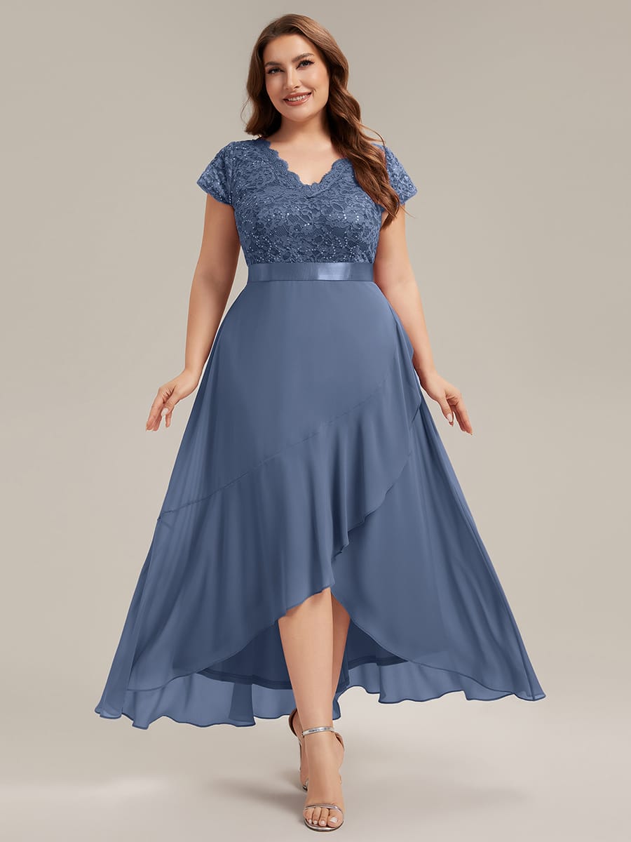 Deep V-Neck Chiffon Cap Sleeve Dress #color_Dusty Blue