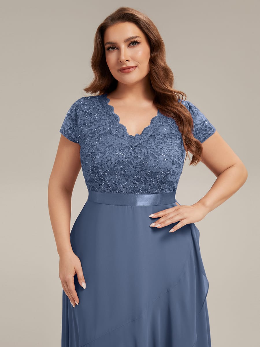 Deep V-Neck Chiffon Cap Sleeve Dress #color_Dusty Blue