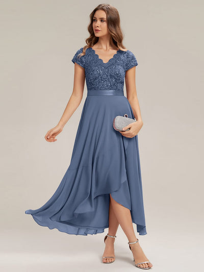 Deep V-Neck Chiffon Cap Sleeve Dress