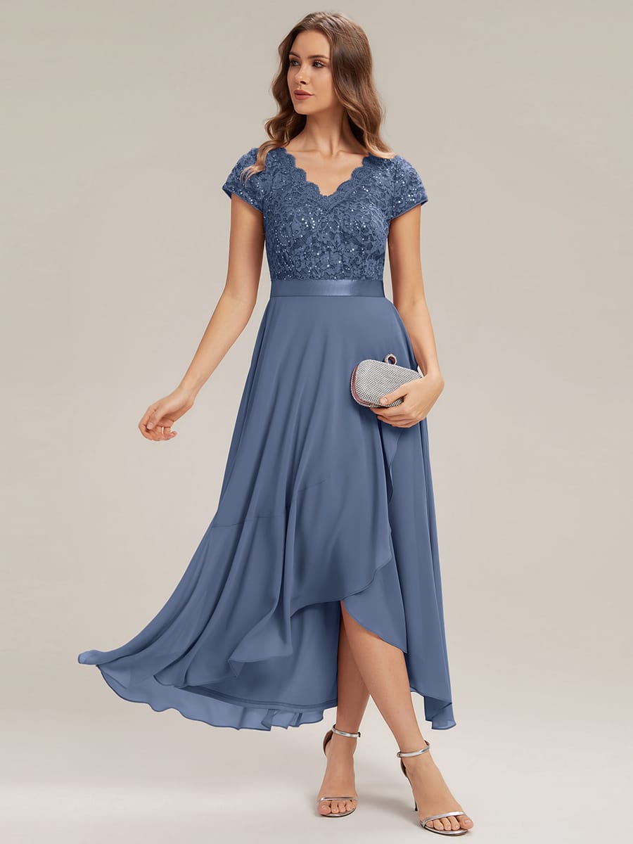 Deep V-Neck Chiffon Cap Sleeve Dress #color_Dusty Blue