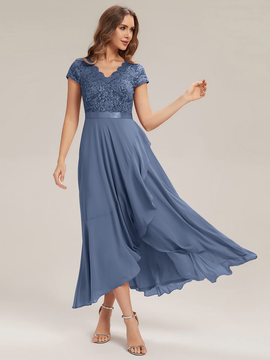 Deep V-Neck Chiffon Cap Sleeve Dress #color_Dusty Blue