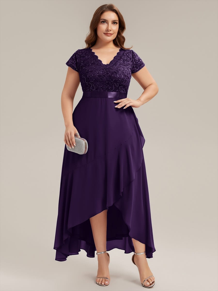 Deep V-Neck Chiffon Cap Sleeve Dress #color_Dark Purple
