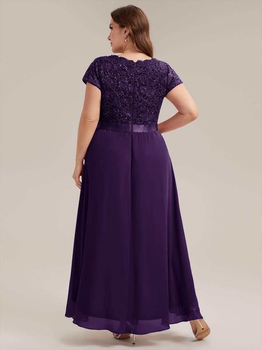 Deep V-Neck Chiffon Cap Sleeve Dress #color_Dark Purple