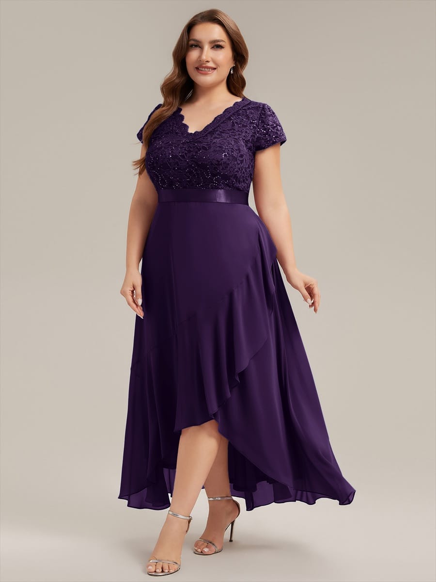 Deep V-Neck Chiffon Cap Sleeve Dress #color_Dark Purple