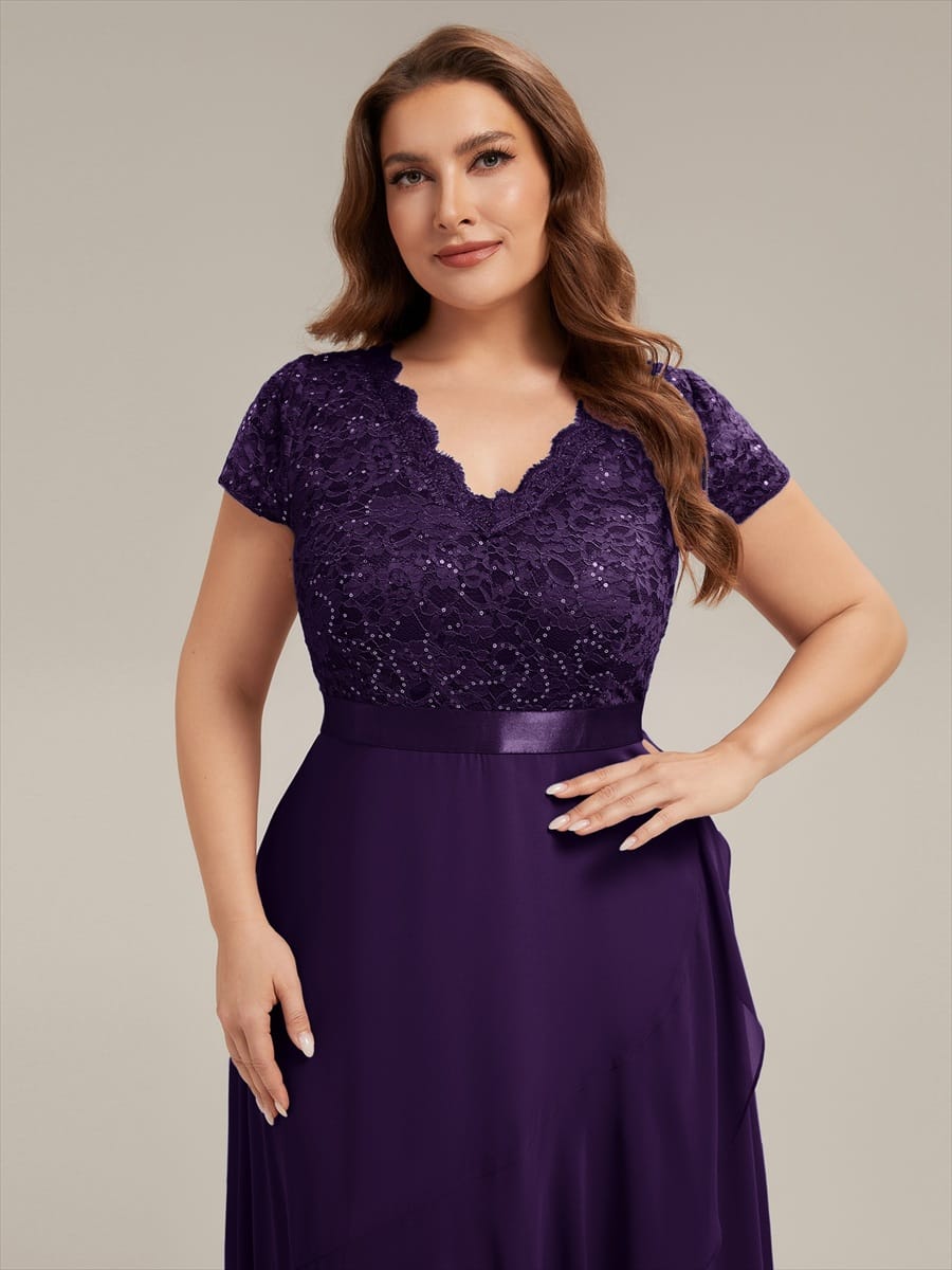 Deep V-Neck Chiffon Cap Sleeve Dress #color_Dark Purple