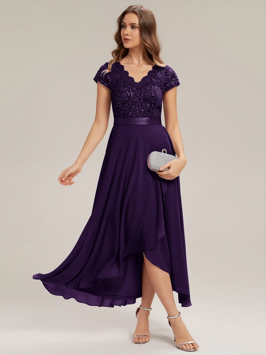 Deep V-Neck Chiffon Cap Sleeve Dress #color_Dark Purple