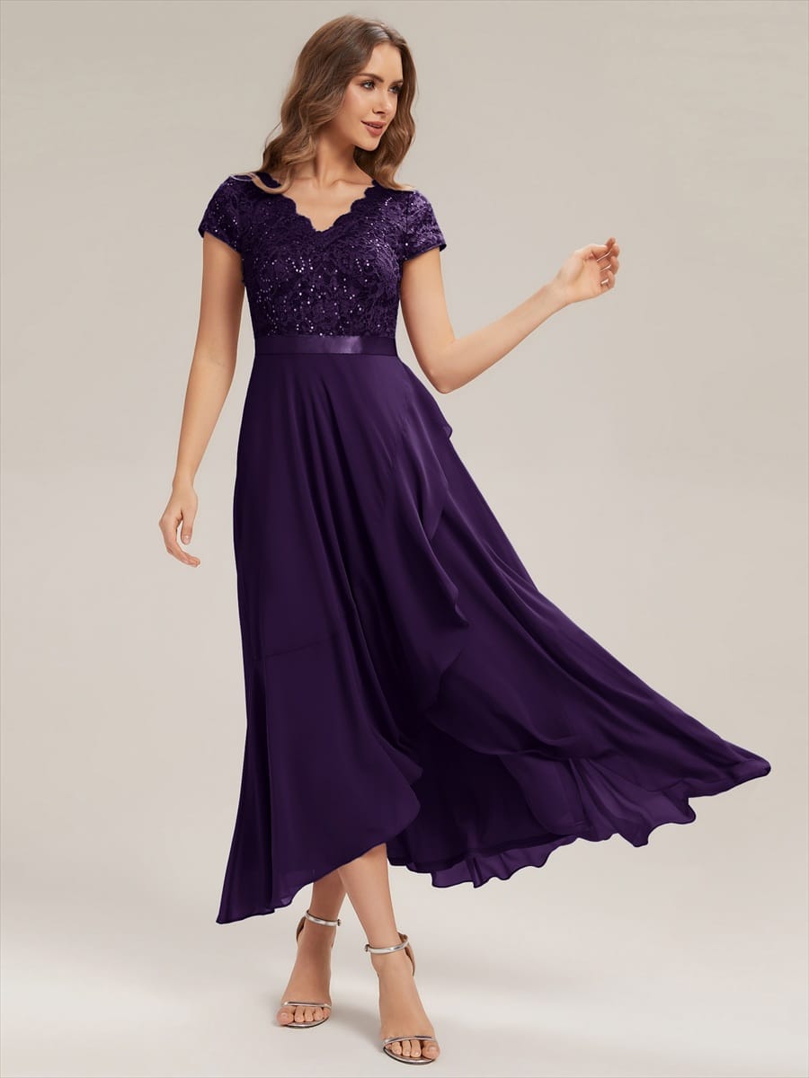 Deep V-Neck Chiffon Cap Sleeve Dress #color_Dark Purple